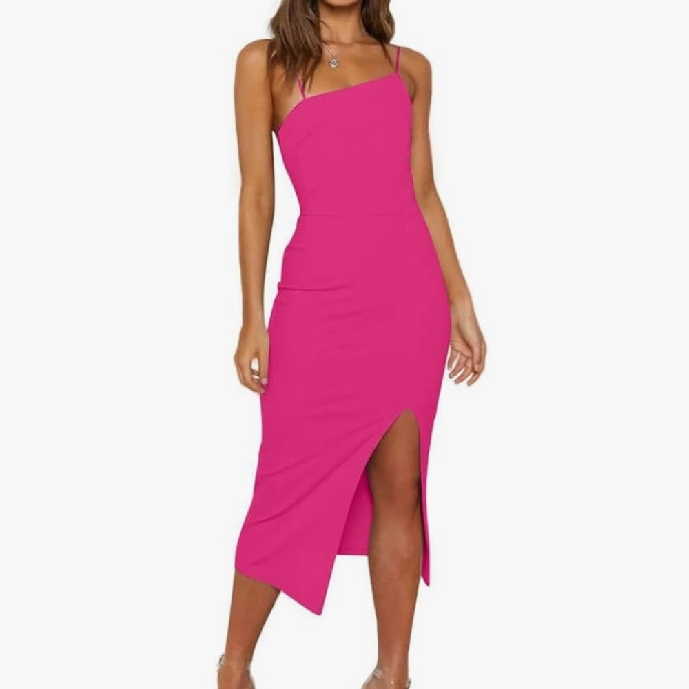 Chic Fuchsia Midi Dress with Adjustable Straps- Pink